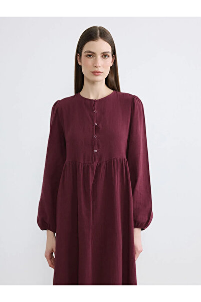 LC Waikiki Μπορντό μακρύ φόρεμα μουσελίνας με κορδόνι