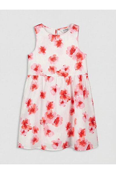LC Waikiki Λευκό φόρεμα ποπλίνας για κορίτσια με λουλουδάτο λαιμόκοψη