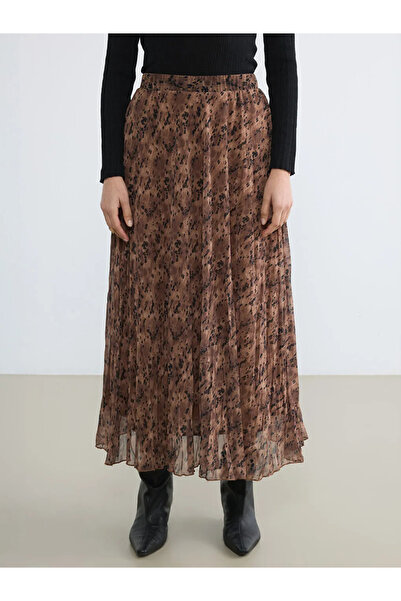 LC Waikiki Καφέ πλισέ φούστα με ελαστική μέση και σχέδιο