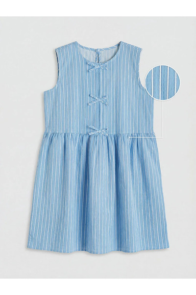 LC Waikiki Μπλε ριγέ φόρεμα για κορίτσια με λεπτομέρεια φιόγκου