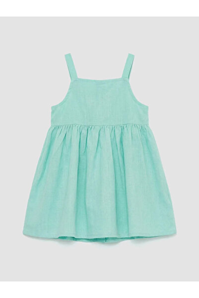 LC Waikiki Πράσινο φόρεμα για κορίτσια με τετράγωνο γιακά και βολάν