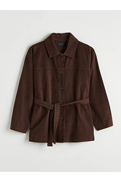 LC Waikiki Καφέ Γιακάς πουκαμίσου Γυναικείο Μπουφάν με Ζώνη Βελούδο