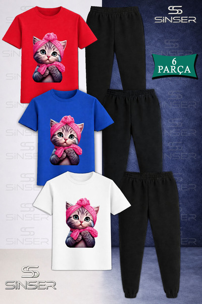 SS SİNSER Children's Cat Yrm Pink Ribbon 3-Piece T-Shirt Tracksuit Set
