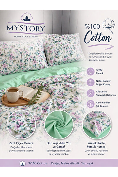 MyStory Home 100% pamučni dvostruki set navlaka za poplun Spring Bloom zeleni