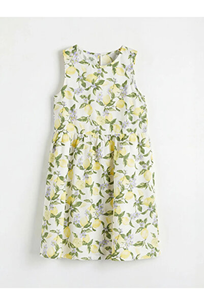 LC Waikiki Εκρού φόρεμα ποπλίνα για κορίτσια με στάμπα και λαιμόκοψη ποδηλάτου