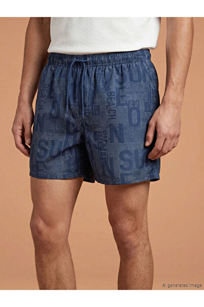 LC Waikiki Ανδρικό σορτς κολύμβησης σε σκούρο μπλε χρώμα με στάμπα κειμένου