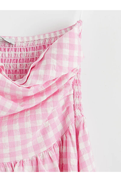 LC Waikiki Ροζ Στράπλες Καρό Φόρεμα με Λαιμόκοψη και Κορδόνια