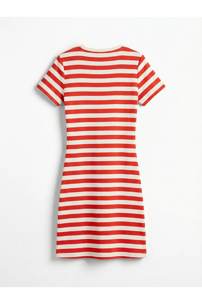 LC Waikiki Κόκκινο φόρεμα για κορίτσια με λαιμόκοψη ποδηλάτου Ριγέ