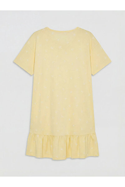 LC Waikiki Κίτρινο νυχτικό εγκυμοσύνης με φιόγκο και στάμπα με λαιμόκοψη ποδη...