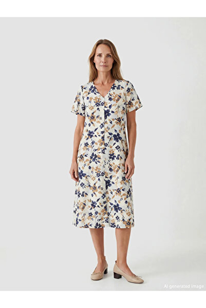 LC Waikiki Εκρού φόρεμα ποπλίνα με λαιμόκοψη V και λουλουδάτο σχέδιο