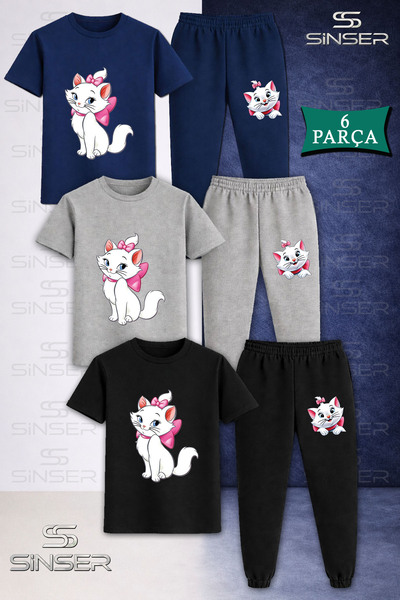 SS SİNSER طقم تي شيرت رياضي للأطفال مكون من 3 قطع من CAT RIBBON YAN DURAN