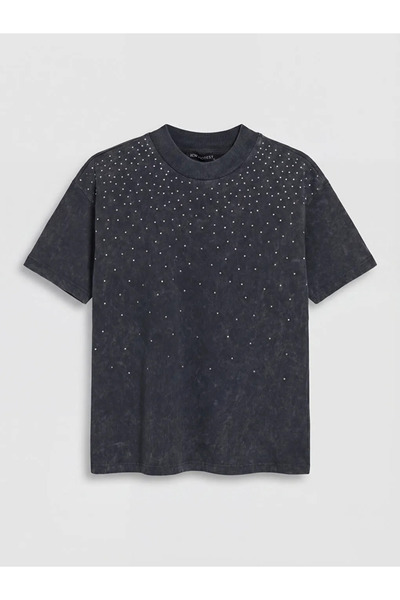 LC Waikiki Μπλούζα ανθρακί με λαιμόκοψη ποδηλάτου και πέτρες