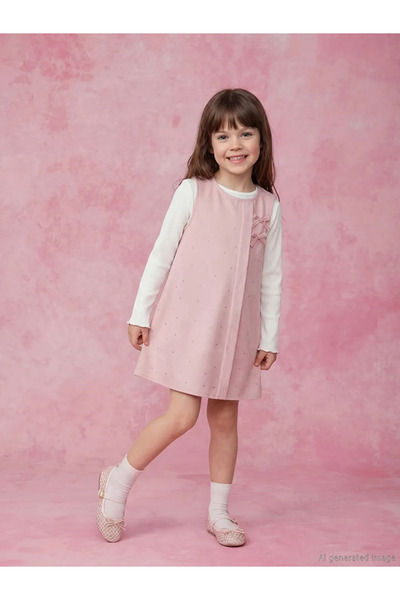 LC Waikiki Ροζ φόρεμα και μπλουζάκι για κορίτσια με λαιμόκοψη ποδηλάτου και σ...