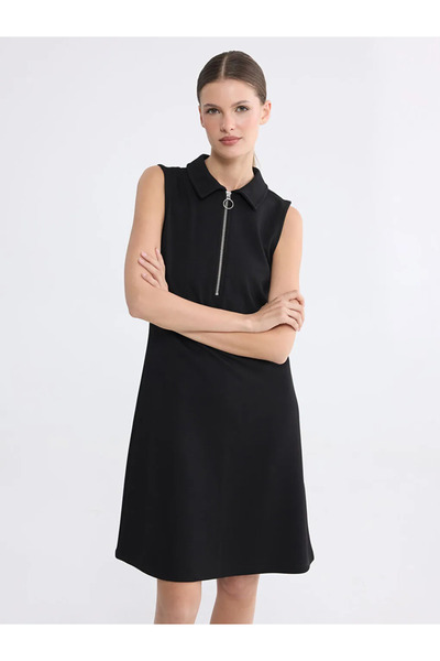 LC Waikiki Μαύρο μίνι φόρεμα πικέ με λαιμόκοψη πόλο