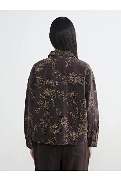 LC Waikiki Καφέ πουκάμισο με λουλουδάτο γιακά, γυναικείο τζιν μπουφάν