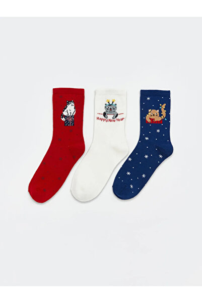 LC Waikiki Γυναικείες κάλτσες με σχέδιο κόκκινης γάτας, σετ 3 τεμαχίων