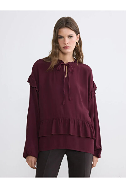 LC Waikiki Μπλούζα με βολάν σε μπορντό χρώμα με δετό γιακά και oversized εφαρ...