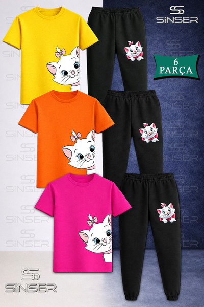 SS SİNSER Children's Cat Head with Ribbons 3-Piece T-Shirt Tracksuit Set