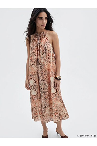 LC Waikiki Καφέ φόρεμα με μοτίβο και δέσιμο στο λαιμό