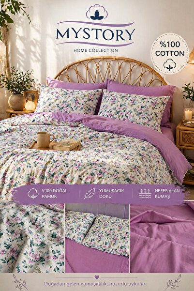 MyStory Home 100% pamučni dvostruki set navlaka za poplun Spring Bloom Lilac