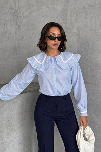 Lusin Γυναικείο Baby Blue Κομψό Μακρυμάνικο Πουκάμισο με Λεπτομέρεια στο Γιακά