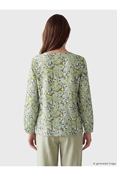 LC Waikiki Πράσινη μπλούζα με φλοράλ σχέδιο και δετό γιακά