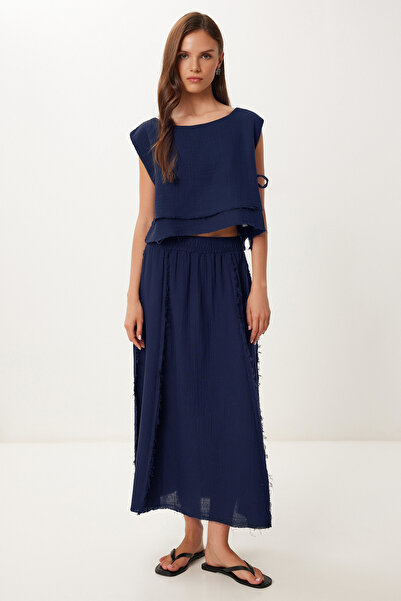 Lovelyİstanbul Muslin Blouse Skirt Set Lgp0013 Dark Blue