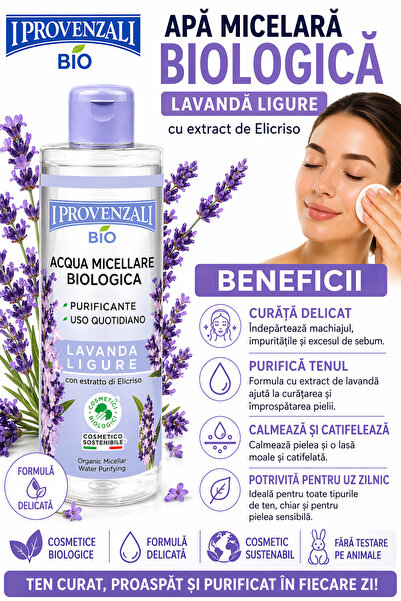 I Provenzali Apă micelară Bio Lavandă, extract de lavandă, demachiere delicată, purifică și calmează tenul