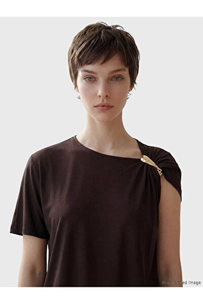 LC Waikiki Καφέ Μεταλλική Μπλούζα με Απλικέ και Κορδόνι