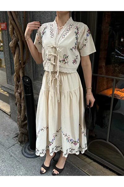 olalapasha New Season Embroidered Blouse Skirt Linen Set