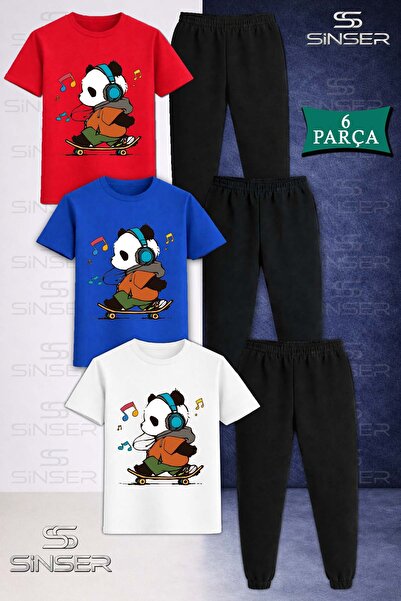 SS SİNSER طقم تي شيرت رياضي للأطفال PANDA SKATEBOARD COLORFUL NOTE 3LU IN THE...