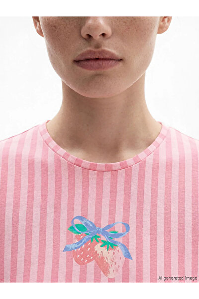 LC Waikiki Ροζ γυναικείο νυχτικό με ριγέ λαιμόκοψη