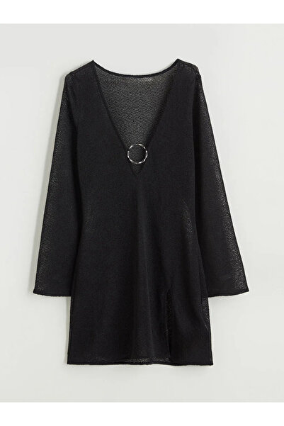 LC Waikiki Μαύρο γυναικείο φόρεμα παραλίας με λεπτομέρεια δαχτυλιδιού σε σχήμα V