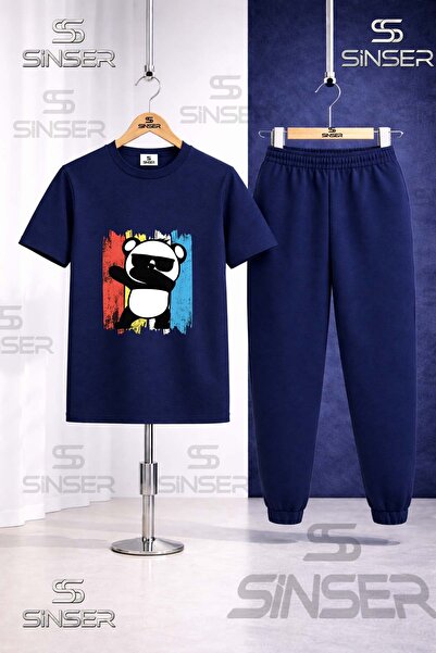 SS SİNSER Children's Panda Colorful Tvl Gozlklu 3Lu Kare in 3Lu T-Shirt and S...