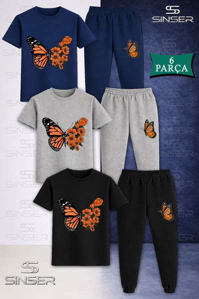SS SİNSER Children's Buttrfly Orange Wing Flower 3-Piece T-Shirt Tracksuit Set
