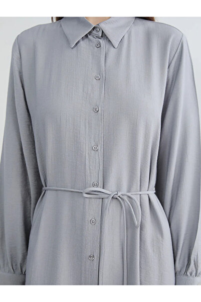 LC Waikiki Γκρι φόρεμα πουκάμισο με υφή και ζώνη