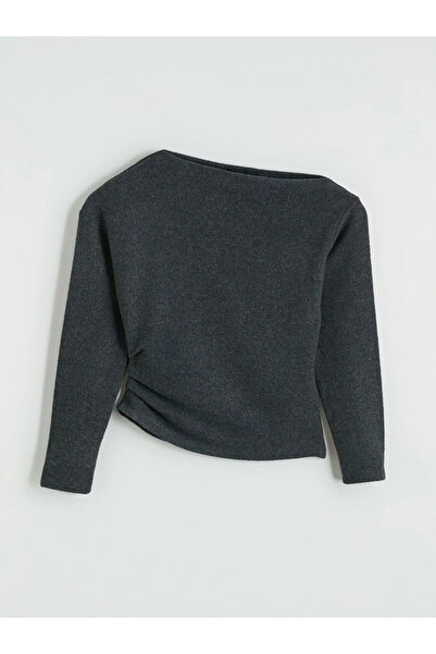 LC Waikiki Μπλούζα ανθρακί με λαιμόκοψη καγιάκ και κορδόνι περίσφιξης