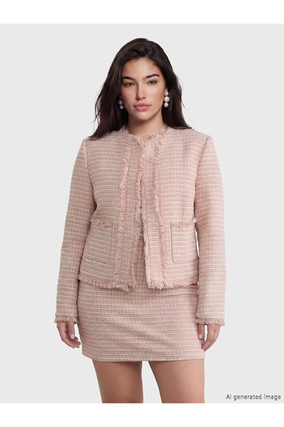 LC Waikiki Ροζ Petite Crew Neck Με φούντες Γυναικείο Μπουφάν από Τουίντ