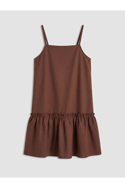 LC Waikiki Καφέ φόρεμα ποπλίνα για κορίτσια με τετράγωνο λαιμό και βολάν