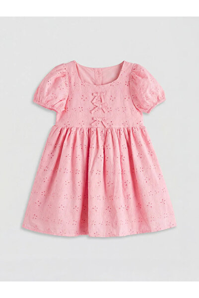 LC Waikiki Ροζ τετράγωνο γιακά διάτρητο κοριτσίστικο φόρεμα