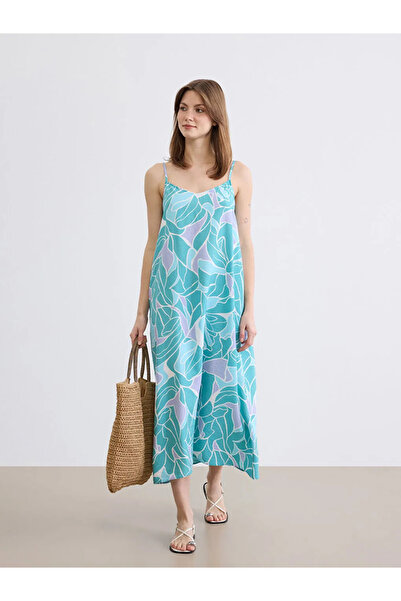 LC Waikiki Πράσινο φόρεμα σε γραμμή Α με λουράκια και σχέδιο στο λαιμό