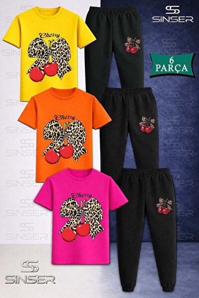 SS SİNSER Children's Cherry Leopard Ribbon Cherry Writing 3-Piece T-Shirt Tra...