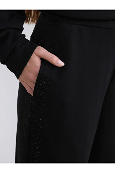 LC Waikiki Μαύρο Petite Γυναικείο Φούτερ με Ελαστική Μέση και Πέτρες