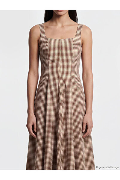 LC Waikiki Καφέ καρό φόρεμα με τετράγωνο γιακά και εφαρμοστή μέση