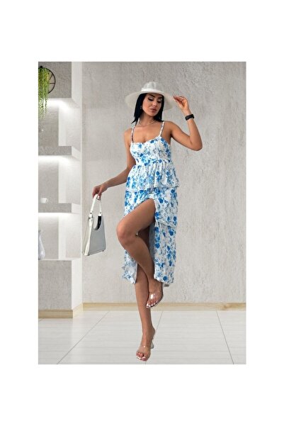 Generic Brand Women's Zero Sleeve Strap Low-Cut Slit Detail Floral Printed Si...