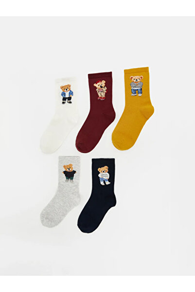 LC Waikiki Γυναικείες κάλτσες με στάμπα Ecru Bear Teddy, σετ 5 τεμαχίων