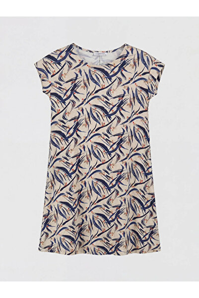 LC Waikiki Εκρού φόρεμα σε γραμμή Α με μοτίβο κυκλοφόρου λαιμού