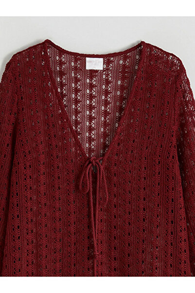 LC Waikiki Βουργουνδί φόρεμα παραλίας με V λαιμόκοψη και διάτρητο σχέδιο