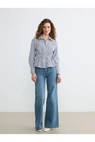 LC Waikiki Γυναικείο πουκάμισο σε μπλε ναυτικό καρό με κορδόνι