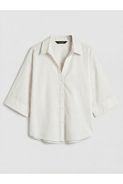 LC Waikiki Μπεζ ριγέ υπερμεγέθη γυναικείο πουκάμισο από ποπλίνα